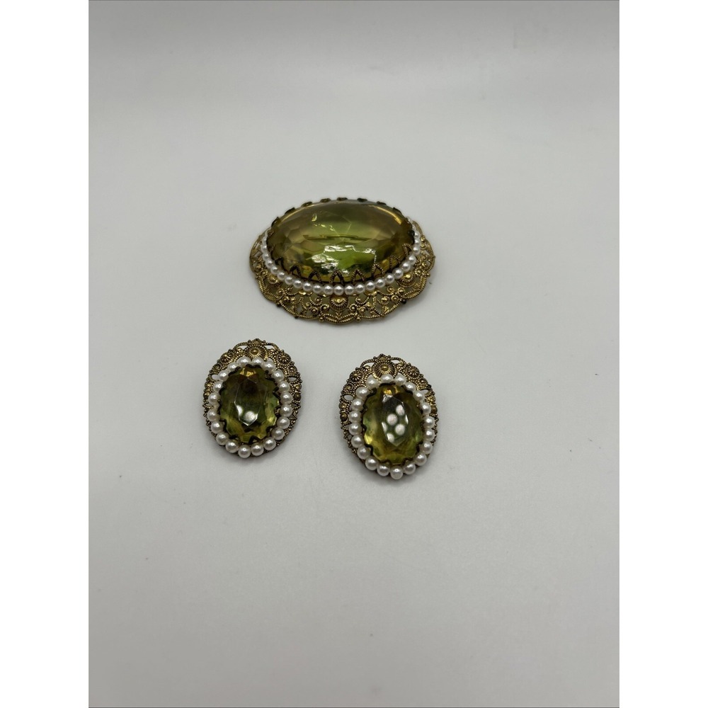 Vintage Germany Gold‎ Tone Metal Multi Faceted Glass Brooch And Earrings